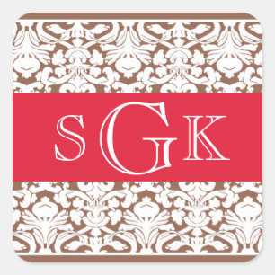 Rotbraun Damaske 3 initiale Monogramm-Gastgeschenk Quadratischer Aufkleber