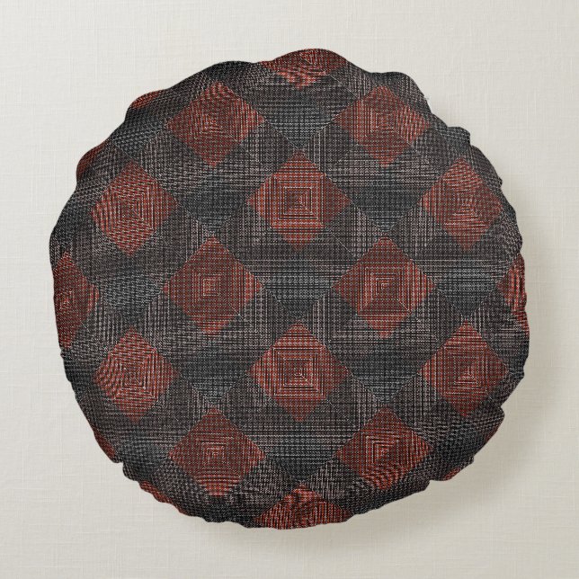 rotbraune und schwarz geneigte Quadrate oder Schac Rundes Kissen (Rückseite)