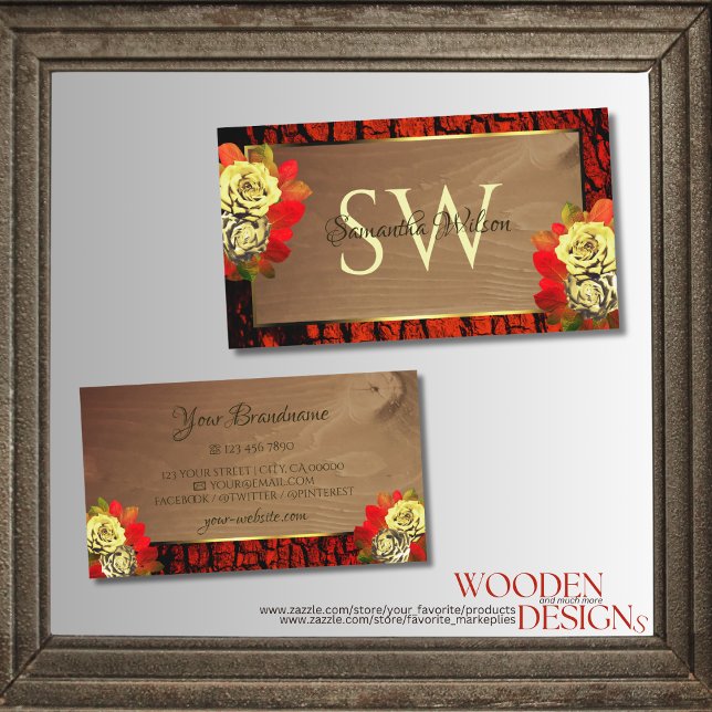 Rotbrauner Baum Bark Wood Grain Initials floral Visitenkarte (Von Creator hochgeladen)