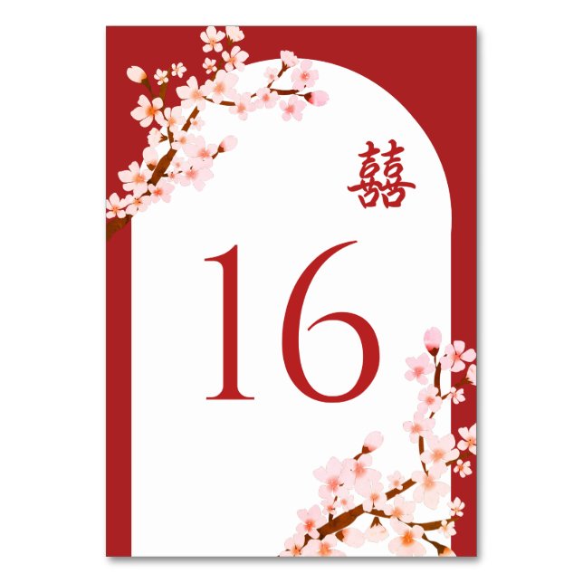 Rotchinesischer Hochzeitsblumenbogen Tischnummer (Vorderseite)