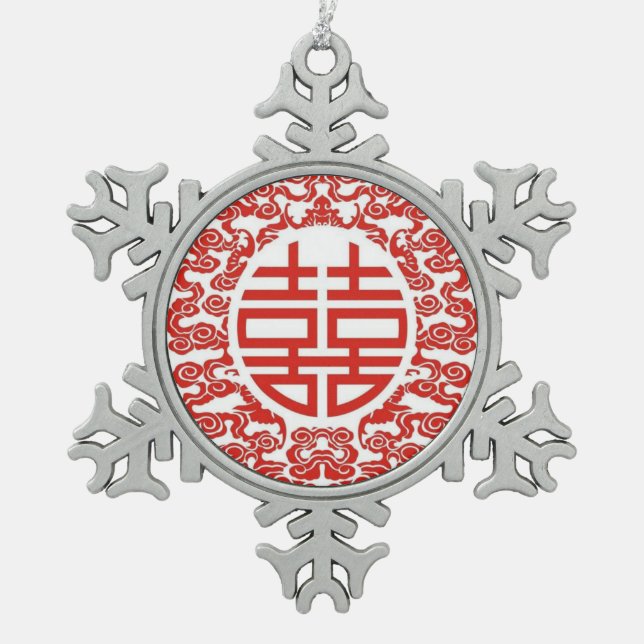 Rotdoppelglückszeit Moderne chinesische Hochzeit Schneeflocken Zinn-Ornament (Vorderseite)