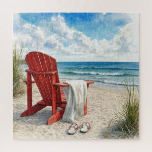 Rote Adirondack-Strandliege mit Flip-Flops
