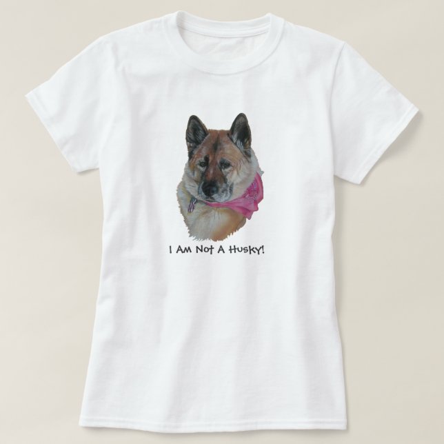 Rote Akita in rosa Schal leicht herzen Huskyslogan T-Shirt (Design vorne)
