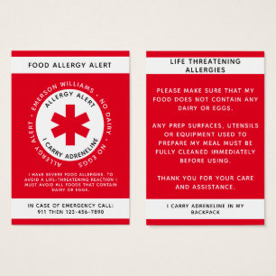 Rote Allergie-Alarmkarte für Lebensmittel