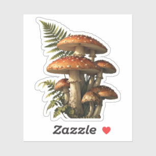 Rote Amanita-Pilze mit Farn Botanik Aufkleber