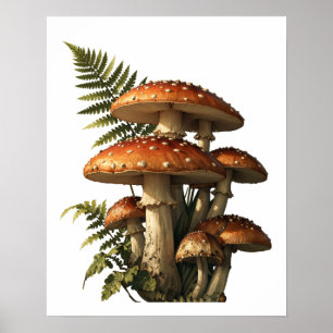 Rote Amanita-Pilze mit Farn Botanik Poster