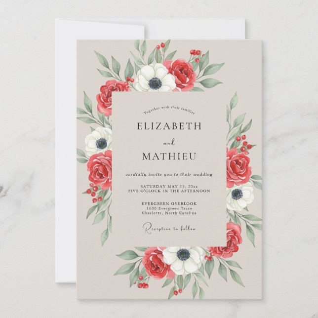 Rote Anemone Gemalte Hochzeit Einladung (Vorderseite)