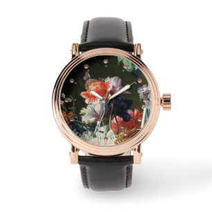 ROTE ANEMONEN, WEISSE BLUME, SCHWARZE SCHWARZE SCH ARMBANDUHR