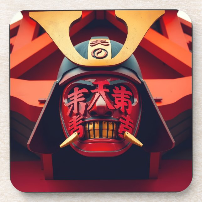 Rote Anime-Samurai-Maske Getränkeuntersetzer (Vorderseite)