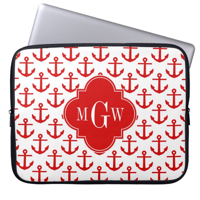 Rote Anker auf Weiß, Rot 3 Initialmonogramm Laptopschutzhülle (Vorderseite)