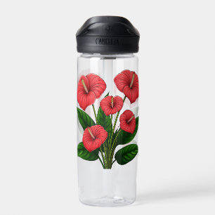 Rote Anthurienblumen mit grünen Blättern Trinkflasche