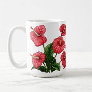 Rote Anthurienblüten mit grünen Blättern Kaffeetasse