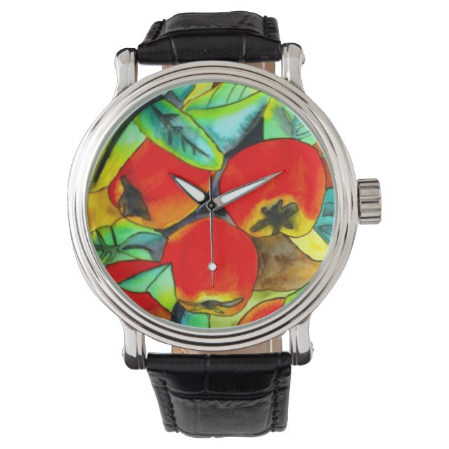 Rote Äpfel Aquarellmalerei Armbanduhr (Vorderseite)