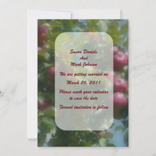 Rote Äpfel auf Baumhochzeit speichern das Datum Einladung