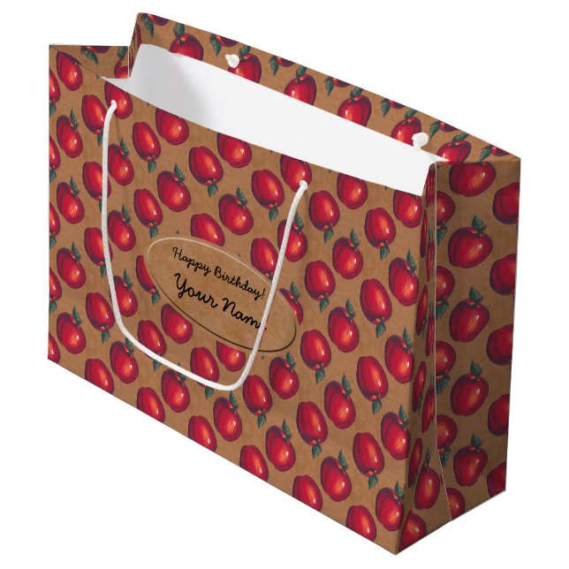 Rote Äpfel auf Brown-Papier-Aufkleber Große Geschenktüte (Vorderseite Schrägansicht)