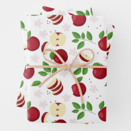 Rote Äpfel, Blüten und Grünmuster Geschenkpapier Set