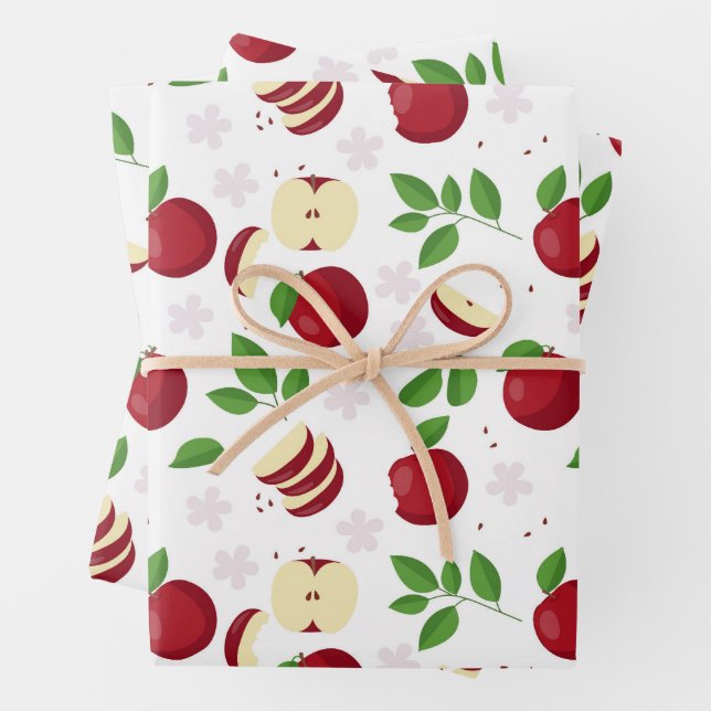 Rote Äpfel, Blüten und Grünmuster Geschenkpapier Set (Beispiel)