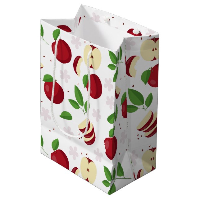 Rote Äpfel, Blüten und Grünmuster Mittlere Geschenktüte (Vorderseite Schrägansicht)