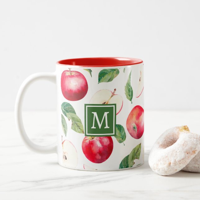 Rote Äpfel Botanische Monogramm Zweifarbige Tasse (Mit Donut)