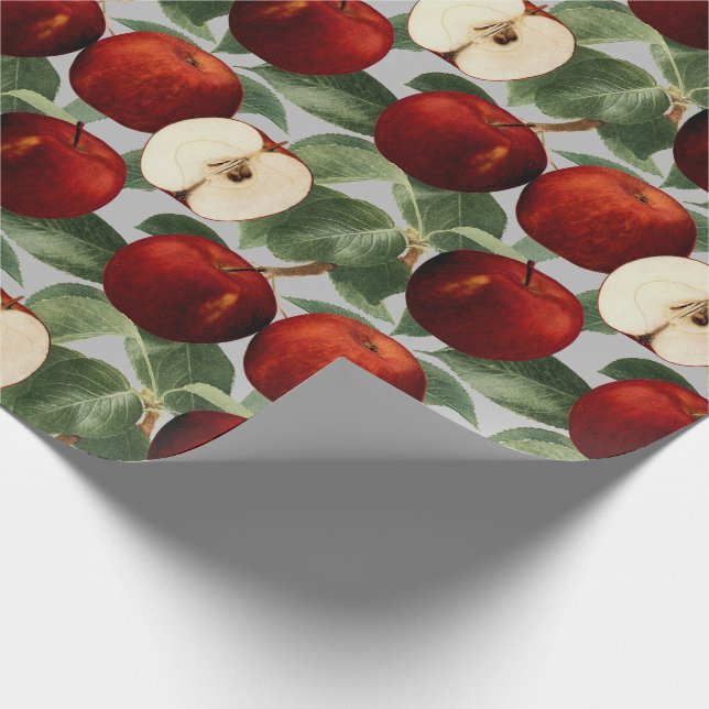 Rote Apfel-botanisches graues Aquarell Geschenkpapier (Ecke)