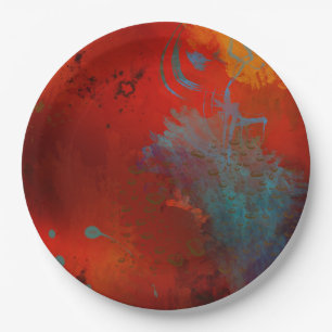 Rote, aqua- und goldfarbene Grunge-Digital-Abstrak Pappteller