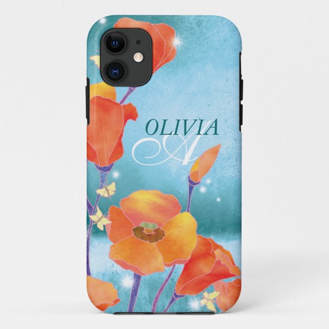 Rote aquamarine Mohnblumen-Blumenmonogramm iPhone Case-Mate iPhone Hülle (Rückseite)