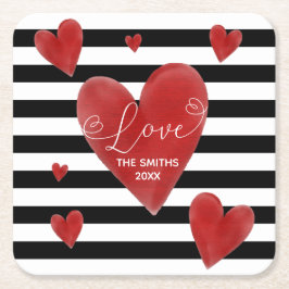 Rote Aquarell-Herzen u. Streifen Rechteckiger Pappuntersetzer