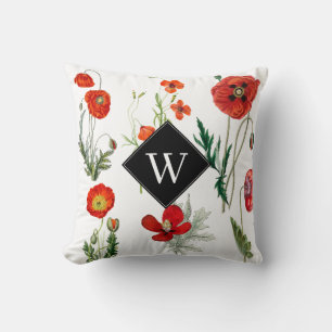 Rote Aquarell-Mohnblumen Florale Monogramm Kissen