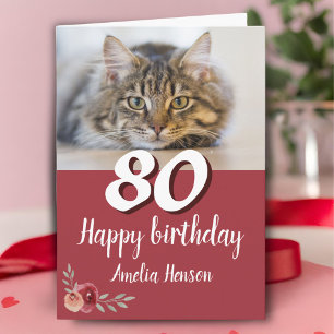 Rote Aquarell-Rosen-Katzen-Foto 80. Geburtstagskar Karte