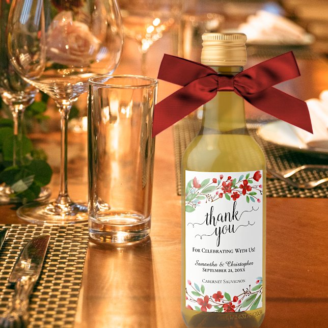 Rote Aquarellblüten Vielen Dank für Ihre Hochzeit  Weinetikett (Von Creator hochgeladen)