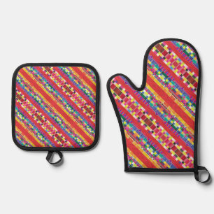 rote Armbanduhren, Streifen und farbige Pixel Ofenhandschuh & Topflappen-Set