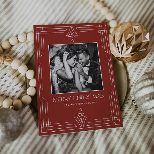 Rote Art Deco Moderne Foto-Weihnachtskarte Feiertagskarte