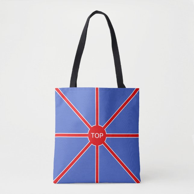 Rote aufgehende Sonnenstrahlen in Blau Tasche (Vorderseite)