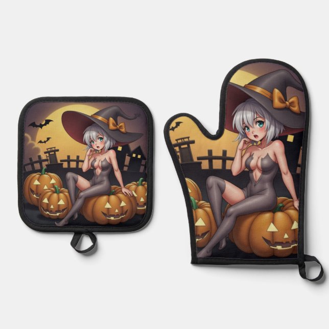 Rote Augenröhre auf Jack-O-Lantern Ofenhandschuh & Topflappen-Set (Vorderseite)