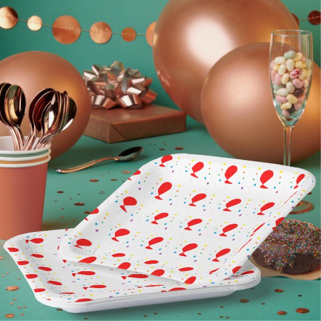 Rote Ballons mit bunten Konfetti-Mustern Pappteller (Multi)