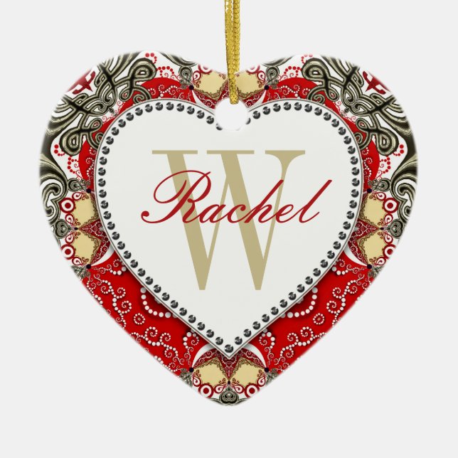 Rote Batik Monogram Liebe Herzdekoration Keramik Ornament (Vorne)