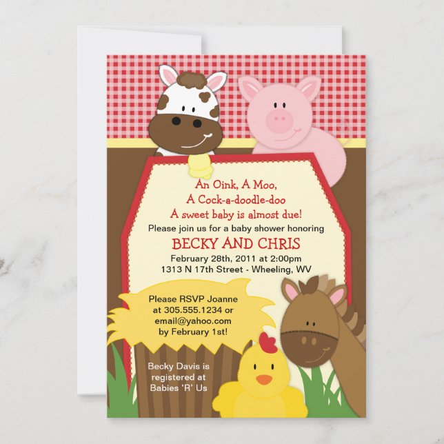 Rote Bauernhofbarnyard-Babyparty-Einladung Einladung (Vorderseite)