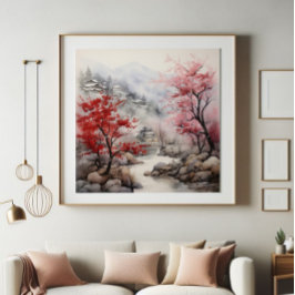 Rote Bäume über dem Fluss Fotodruck