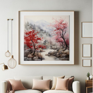 Rote Bäume über dem Fluss Fotodruck