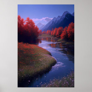 Rote Bäume und Blume am Fluss Poster