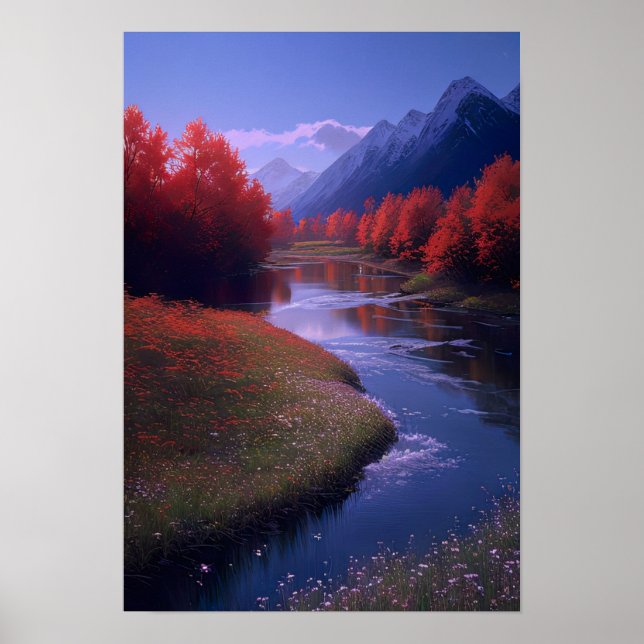 Rote Bäume und Blume am Fluss Poster (Vorne)