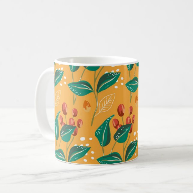 Rote Beere und grüne Blätter. Gelbfärbung Kaffeetasse (Vorderseite Links)