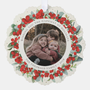 Rote Beeren + Eukalyptus-Festkranz Foto Ornament Karte