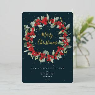 Rote Beeren+Eukalyptus-Weihnachtskranz Nicht-Foto Folien Feiertagskarte