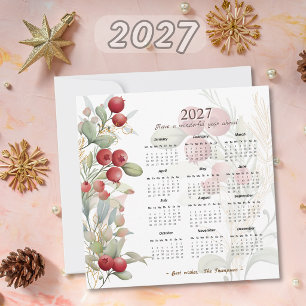 Rote Beeren Grün Eleganter Kalender 2027 Feiertagskarte