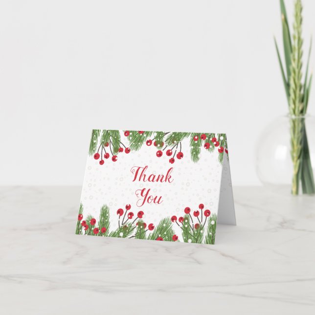 Rote Beeren, Kiefer, Schnee Weihnachten danken Dankeskarte (Vorderseite)