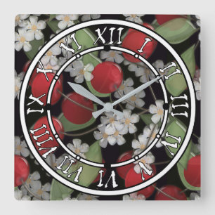Rote Beeren Quadratische Wanduhr