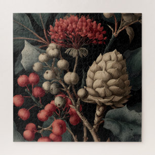 Rote Beeren und exotische Samenkapseln auf Schwarz