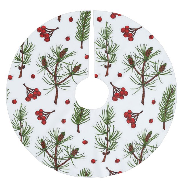 Rote Beeren und Kiefern Polyester Weihnachtsbaumdecke (Vorderseite)