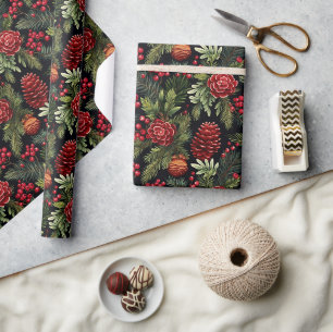 Rote Beeren Zapfen Kiefernzweig Florales Xmas-Gesc Geschenkpapier